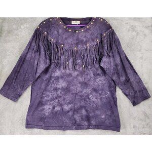 Miss & Mrs Shirt Womens One Size Purple Acid Wash Fringed Short Sleeve Vintage